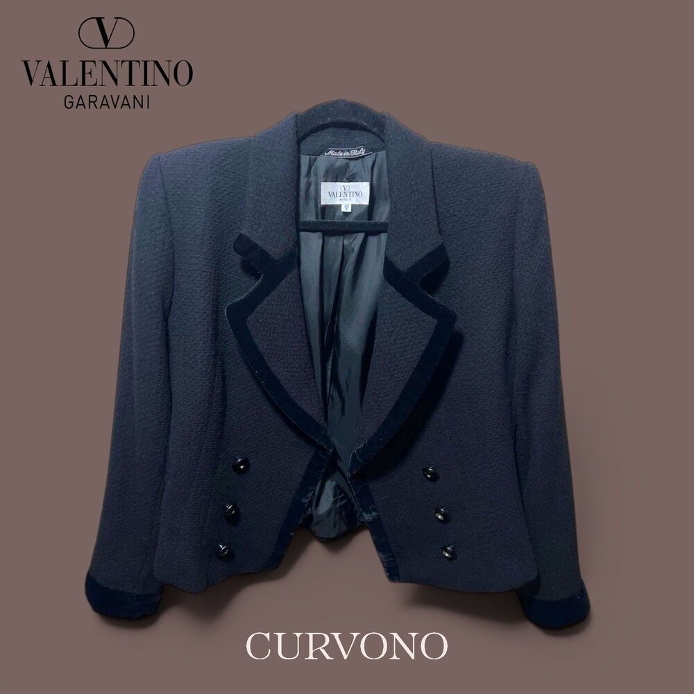 Valentino Miss V Cropped Jacket 42 Black Velvet Trim Textured Italy Blazer 8